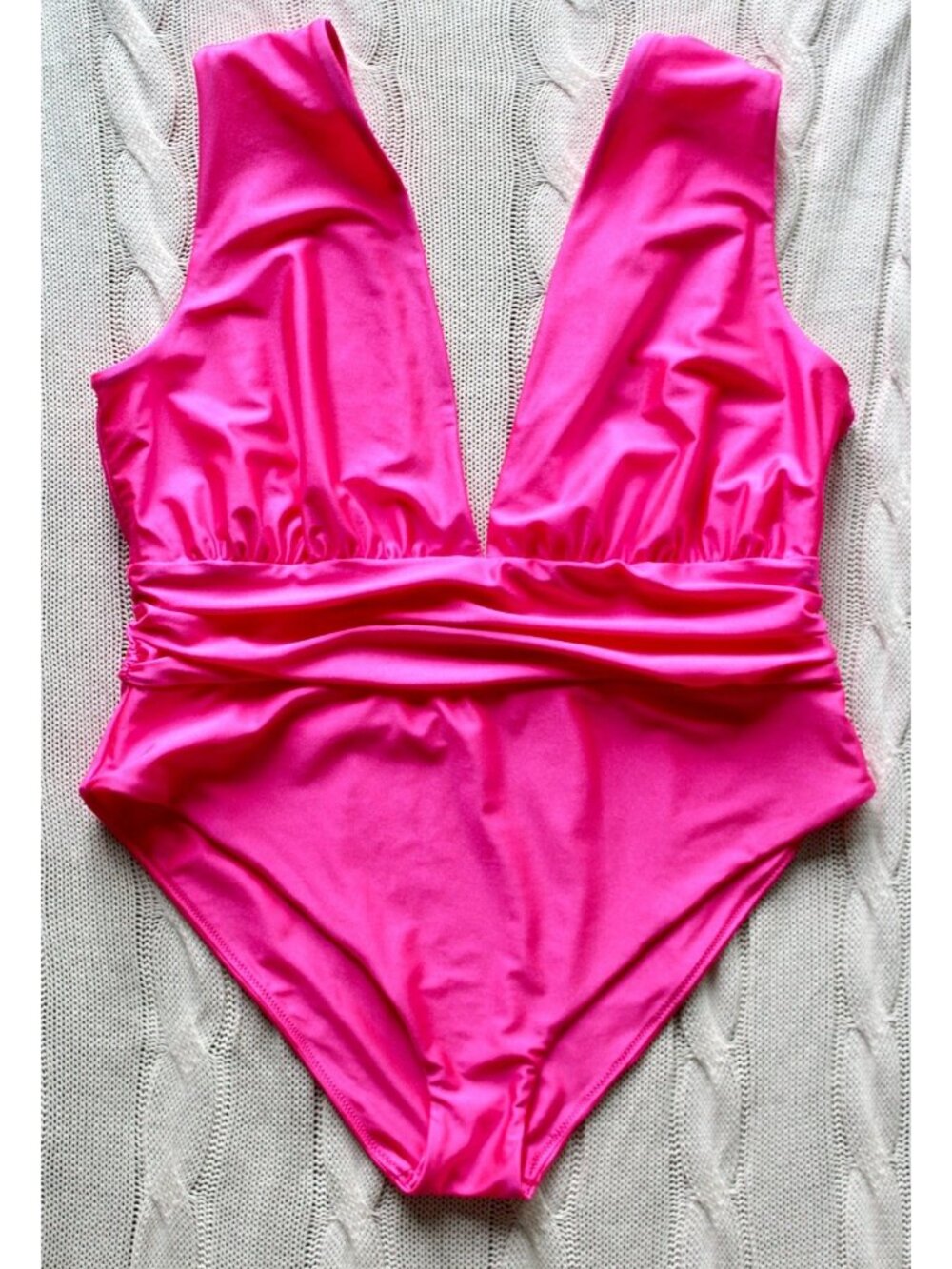KAREN MILLEN Shimmery Hot Pink Plunge One Piece Swimsuit, Size L Large